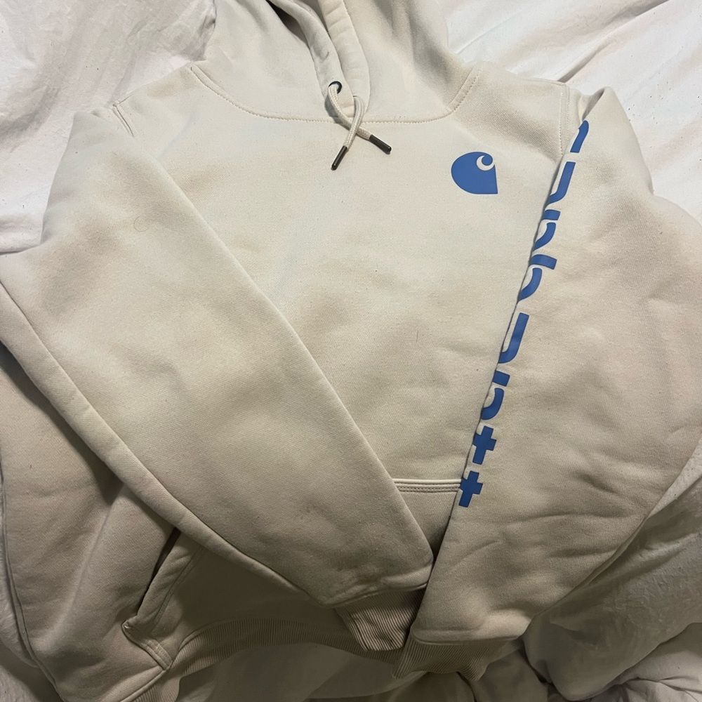 Carhartt Cream Hoodie with Blue Logo